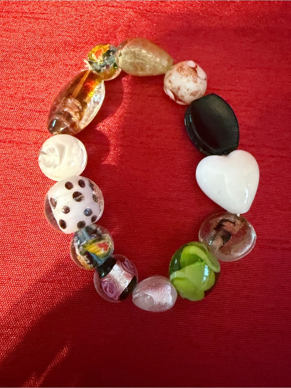 Multicolor Glass Bead Stretch Bracelet with White Heart
